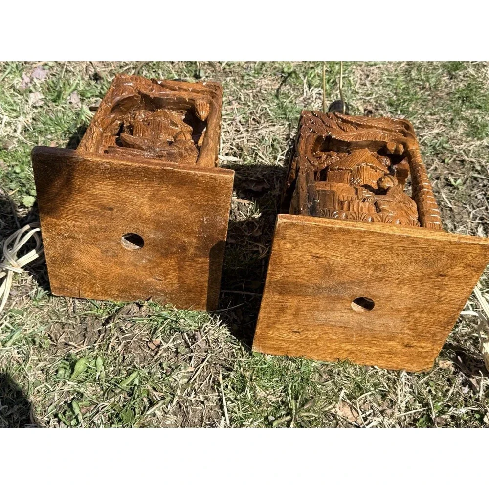 2 Vintage Rare Hand Carved Teakwood Table Lamps Tropical Farm Village Scene